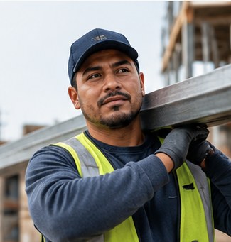 Construction laborer carrying steel framing on a job site
