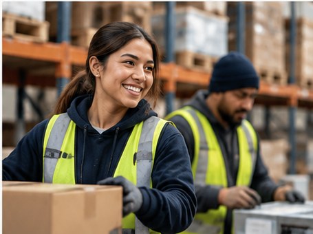 Warehouse worker in a safety vest smiling while packing boxes with a coworker